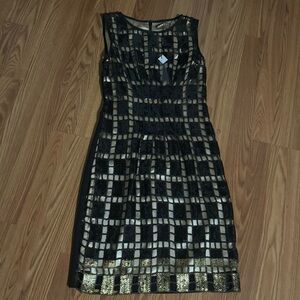 Elie Tahari Black Gold‎ Checkered Sequin Embellished Midi Dress Size 2 NWT